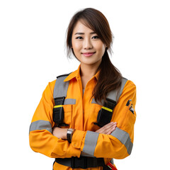 Wall Mural - Front view mid body shot of an extremely beautiful Asian female model dressed as a Electrician smiling with arms folded, isolated on a white background