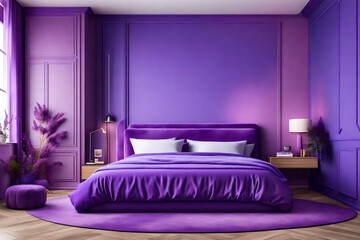 Wall Mural - A colorful empty lavender wall and a purple velvet bed. Lilac,  room interior design