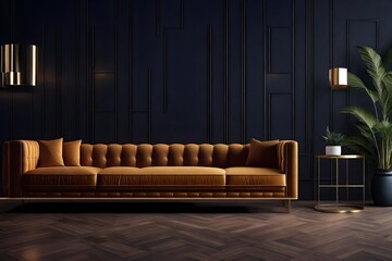 Wall Mural - Modern interior design living room with brown sofa and modern interior details on a dark wall background