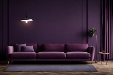 Wall Mural - Dark Livingroom with sofa and lamp. Deep dusty purple mauve color - violet accent furniture 
