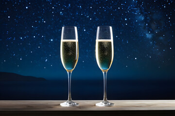 Wall Mural - Two Champagne glasses, against the night sky. Generative AI