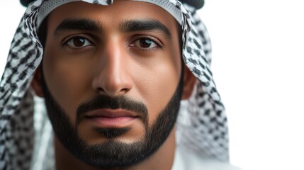 close up portrait of arabian man wear emerati kandora traditional