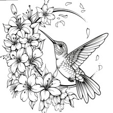 Black And White Hummingbird And Flowers Tattoo Design