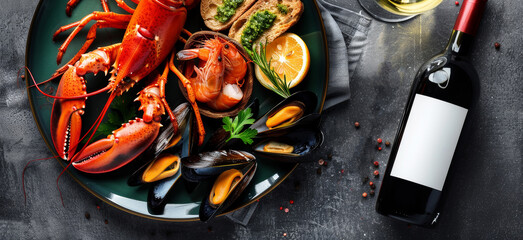 Canvas Print - Set of Seafood dishes with lobster, shrimps and lemon on dark background. Top view