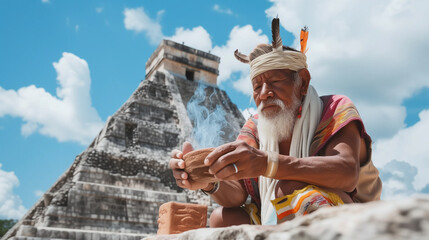 South American man preparing for traditional ceremony at Aztec pyramid