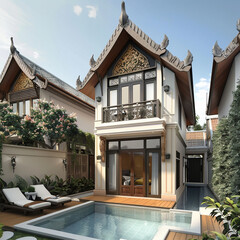 Wall Mural - Tiny two floor timber frame house with single front doors and terrace with indonesia theme design with pool