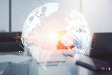 Wall Mural - multi exposure of abstract graphic world map and modern desktop with pc on background, big data and 