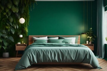 Wall Mural - Interior bedroom with green wall and indoor plants 