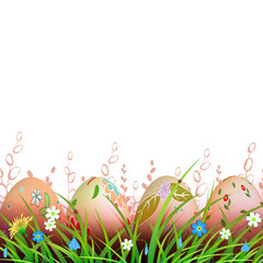 Canvas Print - Easter orange design, patterned eggs are drawn in the grass with flowers.