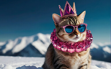 Wall Mural - A cat wearing a crown and sunglasses sat in the snow, in the style of vibrant, Generative Ai