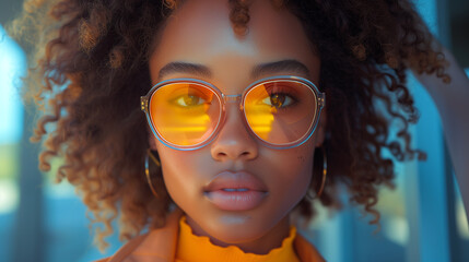 Wall Mural - close-up portrait of a beautiful young black woman with graceful features and manners wearing stylish glasses and a chic hairstyle against a light blue background