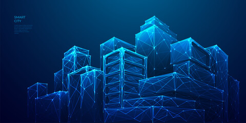Fototapete - Abstract technology smart city panorama in futuristic digital polygonal style. Tech buildings cityscape on dark blue background. Night light city buildings. Low poly wireframe 3D vector illustration.