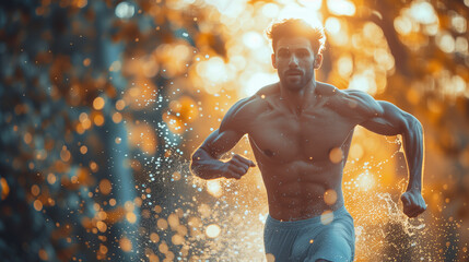 an athletic man with a bare torso runs fast so that sprays fly from under his feet, against the background of trees through which the sun shines