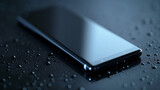Fototapeta  - turned off modern black smartphone on a black surface covered with water drops