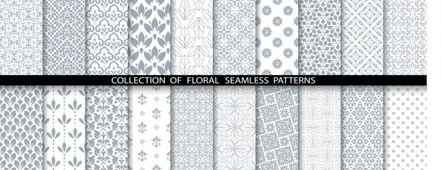 Geometric floral set of seamless patterns. White and gray vector backgrounds. Damask graphic ornaments