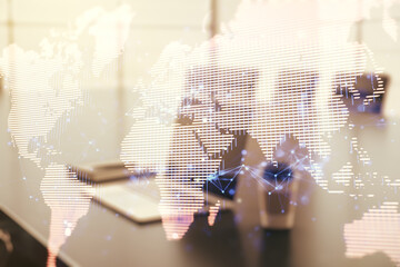 Wall Mural - multi exposure of abstract creative digital world map on laptop background, research and analytics c
