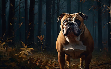 Wall Mural - Bulldog with a ridged face, muscular body, standing, about to hunt prey, Generative AI