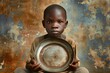 African child sits holding an empty plate against a barren background.