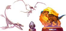Exhibits Of Archaeological Prehistory Museum - Dinosaur Skeletons, Recreated Animal And Cracked Egg On Stand. Cartoon Vector Illustration Collection Of Paleontology Exhibition Dino Bones And Artefacts