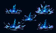 Lightning hit ground or floor with burst vfx effect. Cartoon vector illustration set of thunder bolt with flash and blue energy light. Power electric strike with ray and smoke clouds for game design.