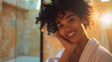 A Joyful Young Woman With A Beautiful Curly Hairstyle, Her Face Beaming With A Radiant Smile As Natural Lighting Casts A Warm, Dreamy Glow On Her Features, Capturing A Sense Of Happiness And Positivit
