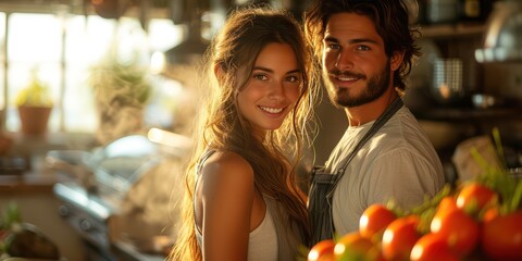 Wall Mural - A Lover Or husband and wife couple cooking together in the kitchen at home