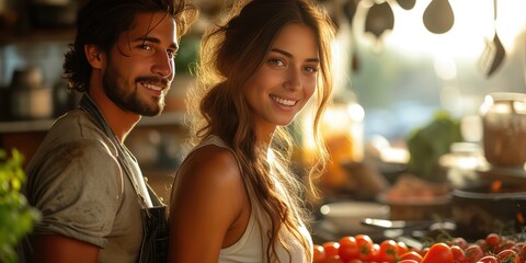 Wall Mural - A Lover Or husband and wife couple cooking together in the kitchen at home