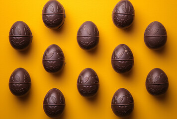 Sticker - Food chocolate egg background: Grid of dark chocolate eggs with leaf motifs on a mustard yellow background, exuding a festive and organized chocolate display.