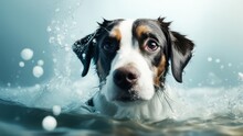 The Dog's Head Sticks Out Of The Water With Foam While Swimming.