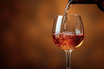 A Wine pours from a bottle into a glass, with minimalism, a plain background