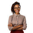 © SuperPixel Inc - front view mid body shot of an extremely beautiful african black female model dressed as a Teacher smiling with arms folded, isolated on a white background