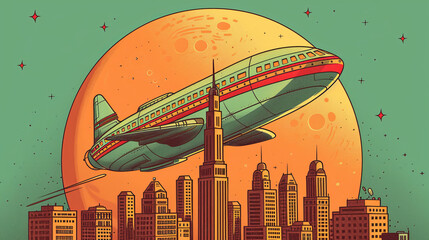 retro illustration of an airship on the background of a futuristic city. in the style of science fic