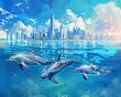 Tier im Ozean vor einer Stadtskyline / Delfin Poster / Delfine schwimmen im Meer / Tier Wallpaper / 5:4 Format / Ki-Ai generiert