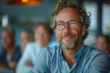 A happy professional man in office with eyeglasses, folded arms and confident expression as other workers hold a meeting in background.