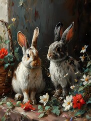Illustration of Easter bunny rabbits character, flowers and easter eggs. Happy Easter Greetings card or banner background.