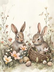 Illustration of Easter bunny rabbits character, flowers and easter eggs. Happy Easter Greetings card or banner background.