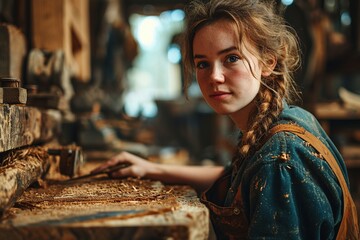 Wall Mural - Young Female Carpenter Working in workshop