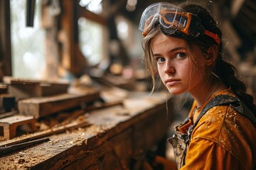 Wall Mural - Young Female Carpenter Working in workshop