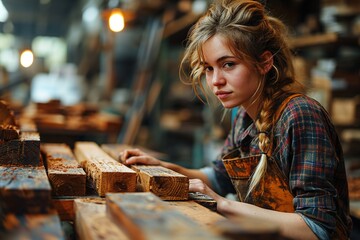 Wall Mural - Young Female Carpenter Working in workshop