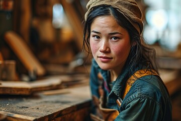 Wall Mural - Young Female Carpenter Working in workshop