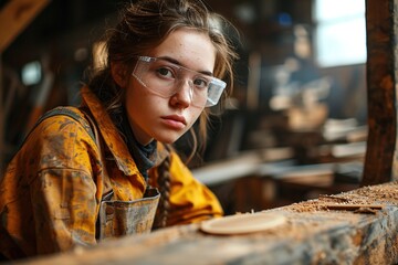 Wall Mural - Young Female Carpenter Working in workshop