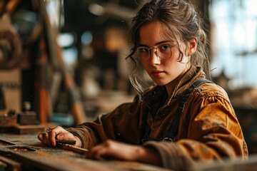 Wall Mural - Young Female Carpenter Working in workshop