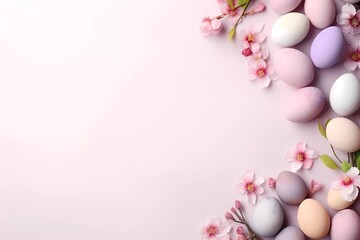 Wall Mural - Easter poster and banner template with Easter eggs and spring flowers on flat background. Copy space for text banner. Greetings and presents for Easter Day. Promotion and shopping template for Easter