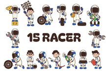 Dynamic Racer Man And Circuit Team Characters In Exciting Poses With Helmets And Victory Props
