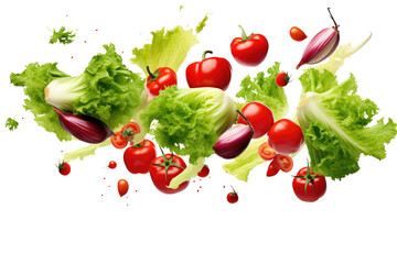 Lettuce, tomatoes, and assorted vegetables gracefully falling through the air. on a White or Clear Surface PNG Transparent Background.