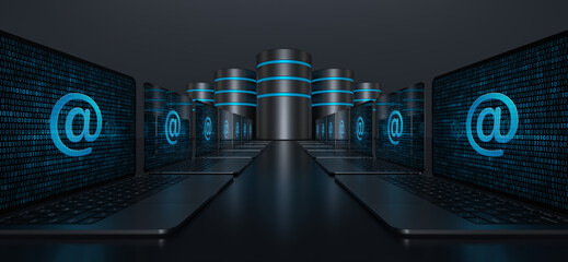 Wall Mural - Two rows of laptop devices with an At-Sign address icon on their screens forming a pathway leading to data servers on a dark background. Realistic rendering.