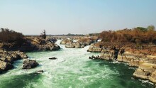 The Khone Falls On The Mekong River In Asia, Laos, Champassak, 4000 Islands, Don Det, On A Sunny Day.