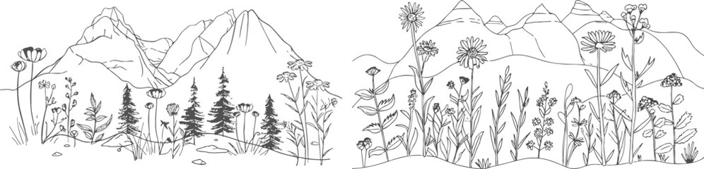 Poster - landscape with flowers trees and mountains. single one line drawing concept