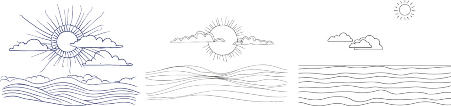 Continuous line sun cloud art. Single line sketch sunny summer travel concept