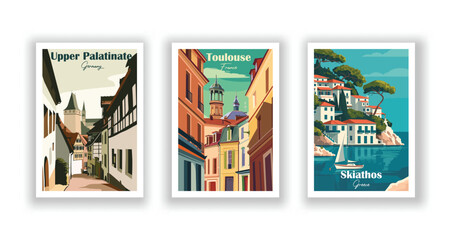 Wall Mural - Skiathos, Greece. Toulouse, France. Upper Palatinate, Germany - Vintage travel poster. High quality prints